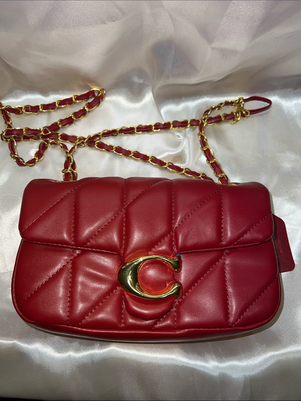 Red Quilted Leather Chain Crossbody with Gold 'C'